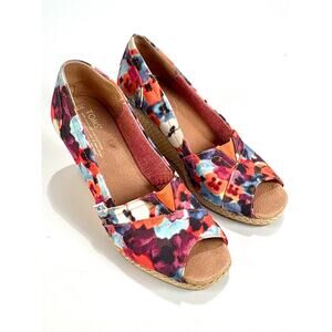 Toms Women's 9 Espradille Canvas Sandals Peep Toe Floral Wedge Heels Summer Shoe